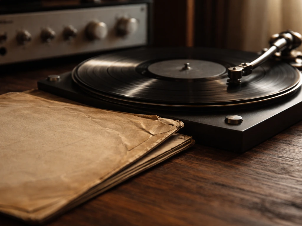 Close-up of a classical vinyl record sleeve and a turntable needle near vintage audio equipment
