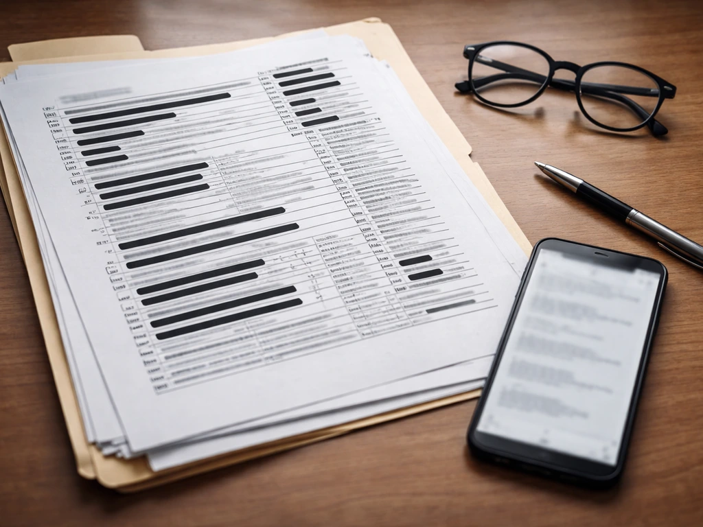 Close-up of blurred, redacted IRS Form 990-style paperwork on a desk beside a phone and pen.