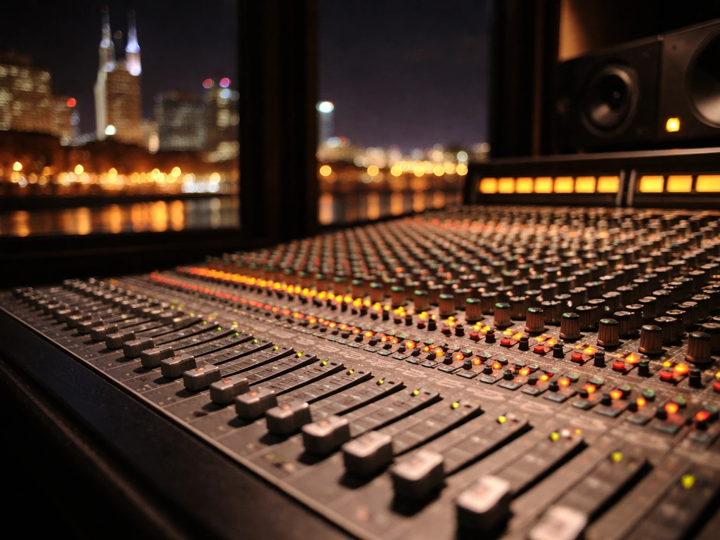 Close-up of a recording studio mixing console with a softly lit Nashville skyline at night