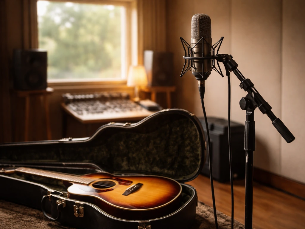 Nashville-style recording studio session with a guitar case and microphone near the window
