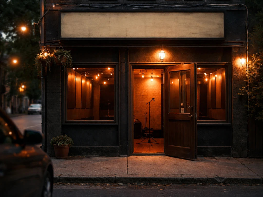Douglas Corner Cafe-themed empty Nashville storefront at dusk, with warm lights suggesting the venue’s income anchor