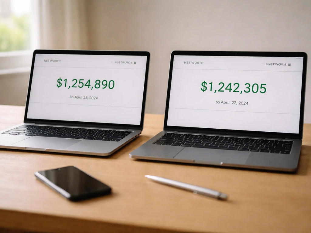 Minimal desk scene with two anonymous laptops showing different net-worth figures in example-style mockups.