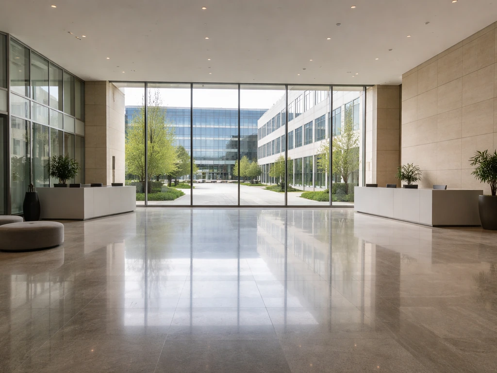 Quiet Nestlé headquarters lobby in France with sleek architecture and natural light