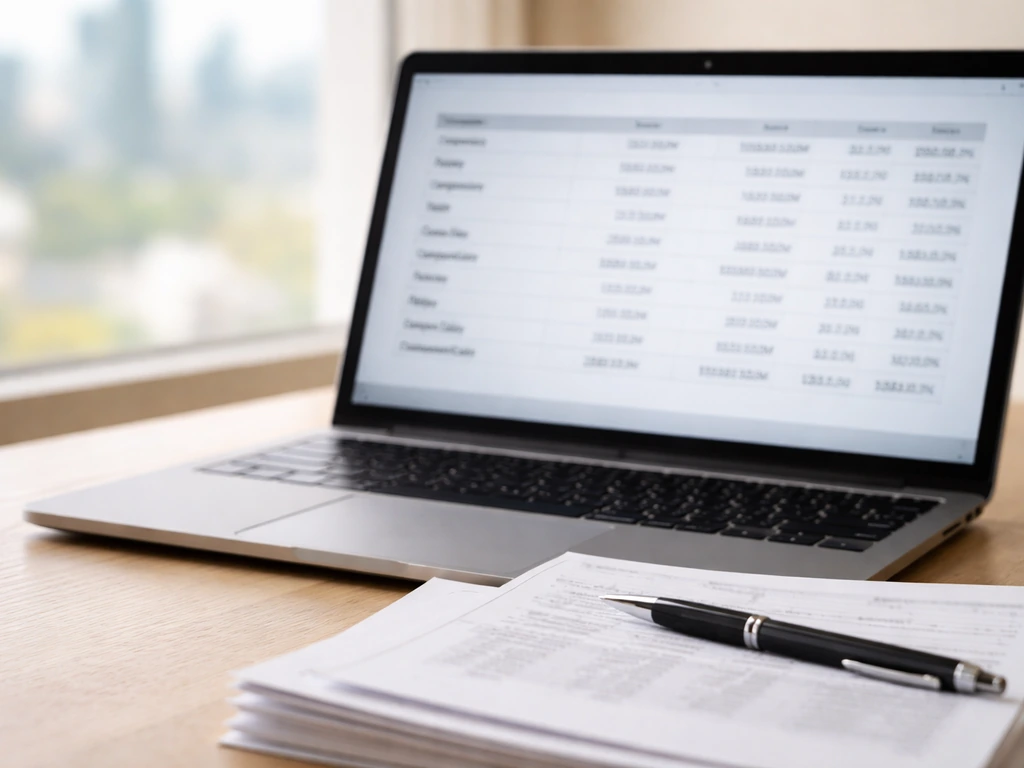 Close-up of a laptop spreadsheet with generic compensation line items, pen and annual report pages on a desk.