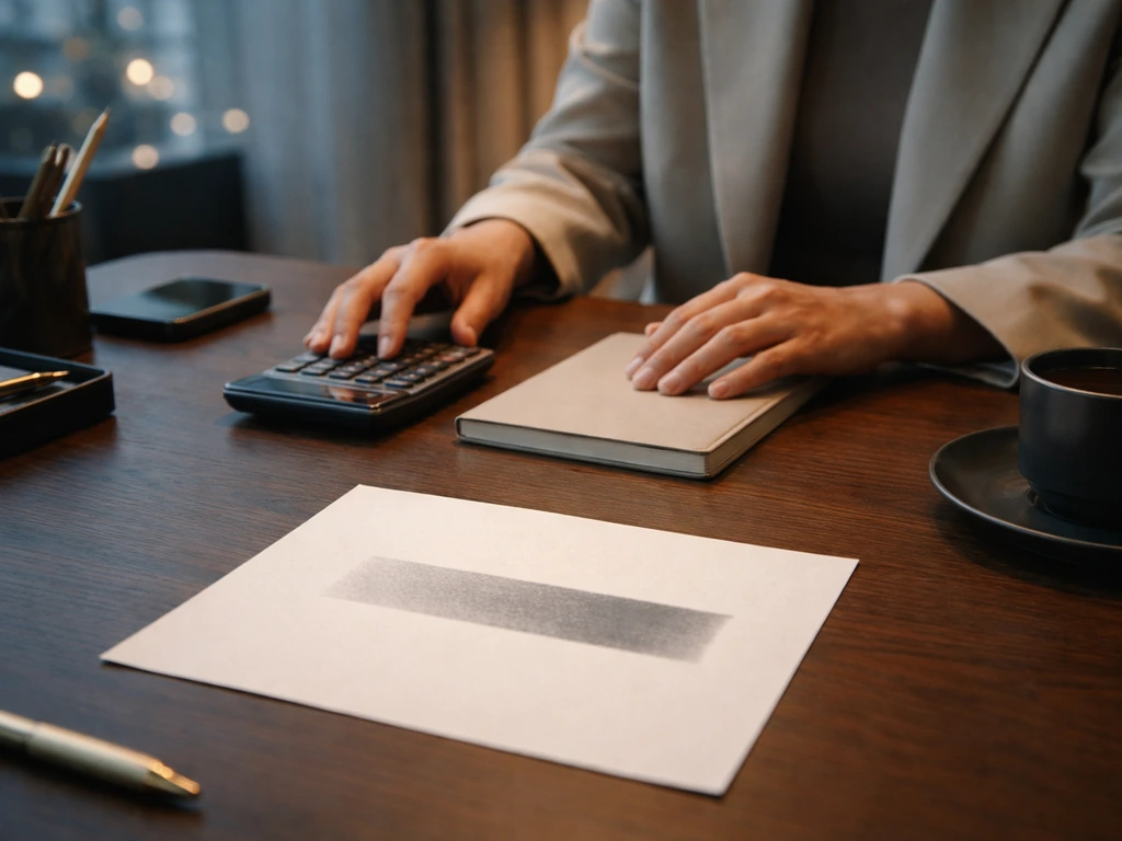 Hands adjusting a luxury desk calculator beside a dark notebook and blurred office window, evoking wealth range reasonin