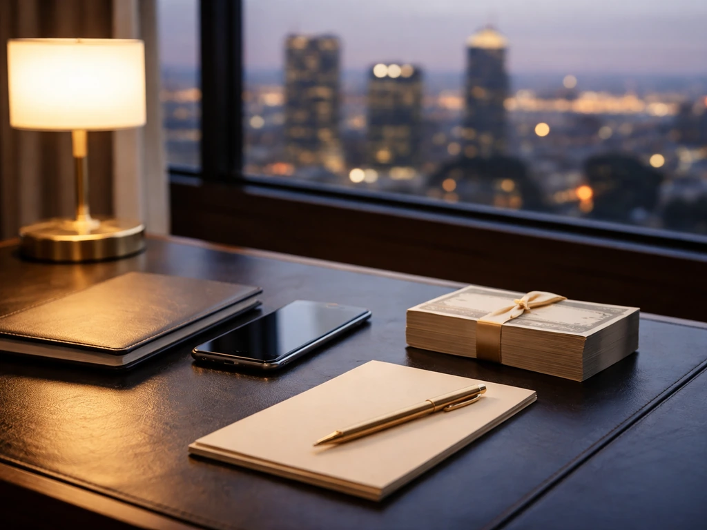 Luxury business scene with a designer-style office desk, money symbolism, and a blurred skyline beyond