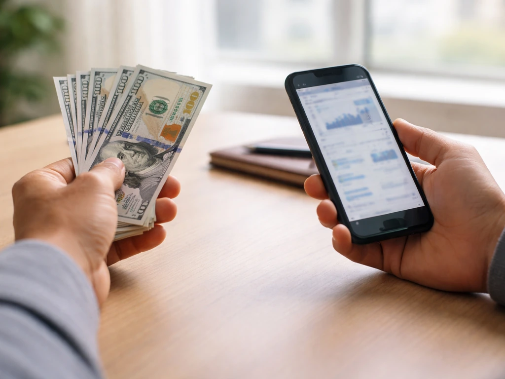 Minimal photo of a person’s hands holding cash and a smartphone near a desk, symbolizing net worth estimates.