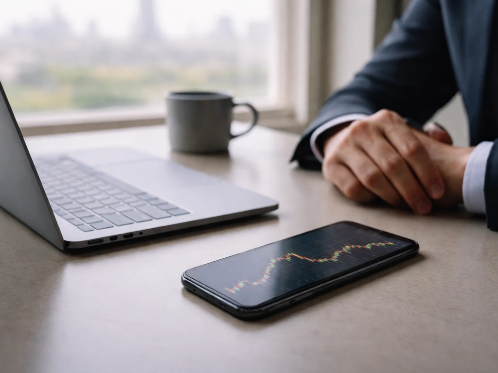 Minimal office desk with a phone showing fluctuating stock-style candles on a small screen