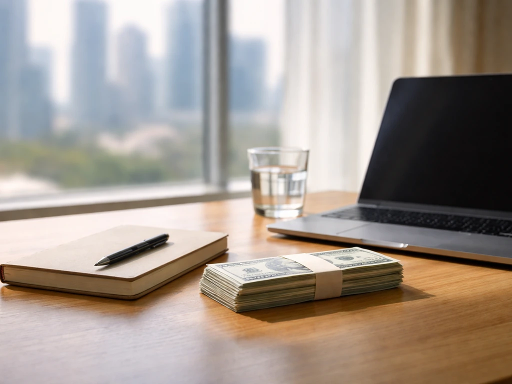 Minimal desk scene with money and a notebook beside a laptop, suggesting wealth estimate comparison