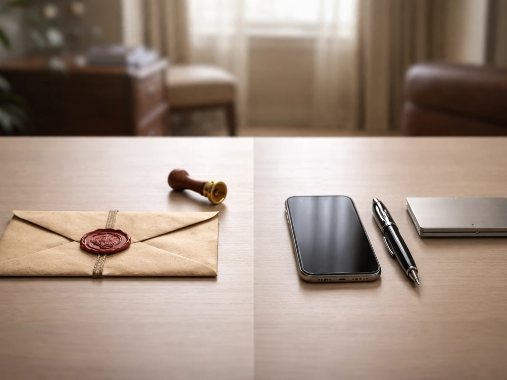 Two side-by-side desk symbols: vintage wax seal on parchment and modern phone with pen.