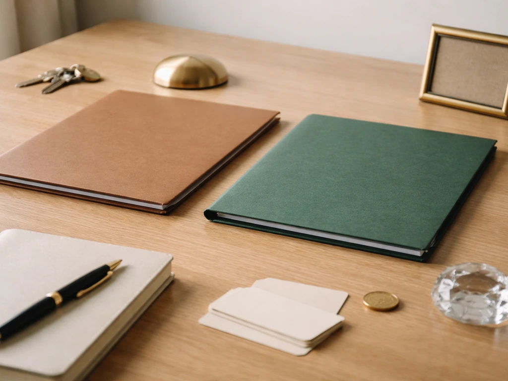 Close-up desk scene with folders and personal items symbolizing business and inherited assets, no text.