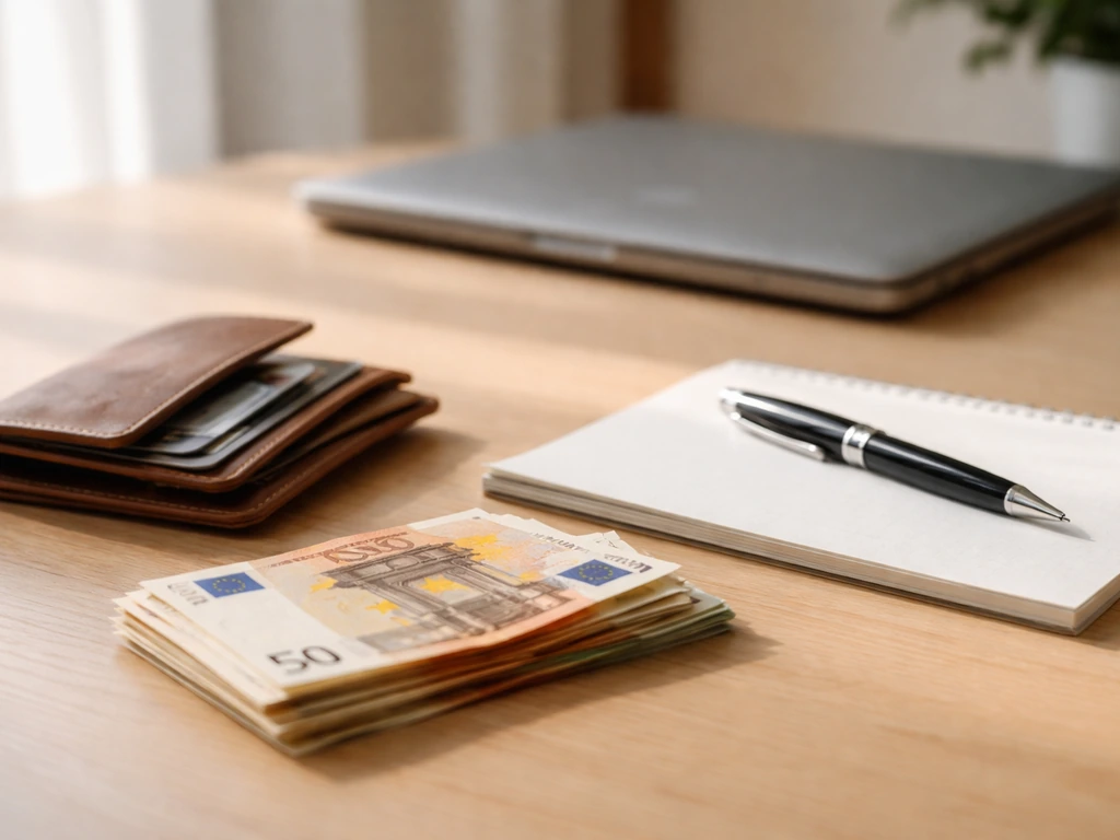 Minimal office desk with euro cash in a wallet and a laptop softly blurred in the background.