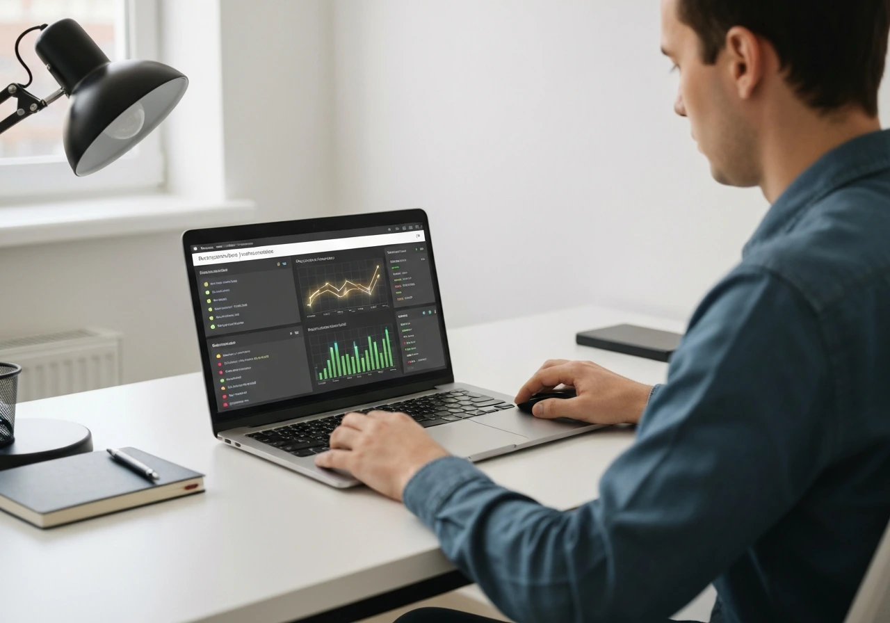 Software engineer reviewing an observability dashboard on a laptop in a quiet office setting