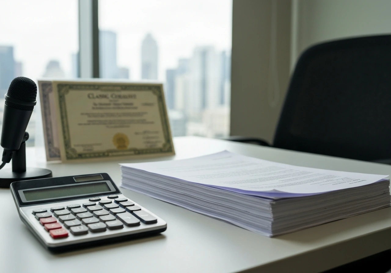 Minimal office desk with calculator, scattered stock certificates, and a small microphone for CEO compensation analysis.