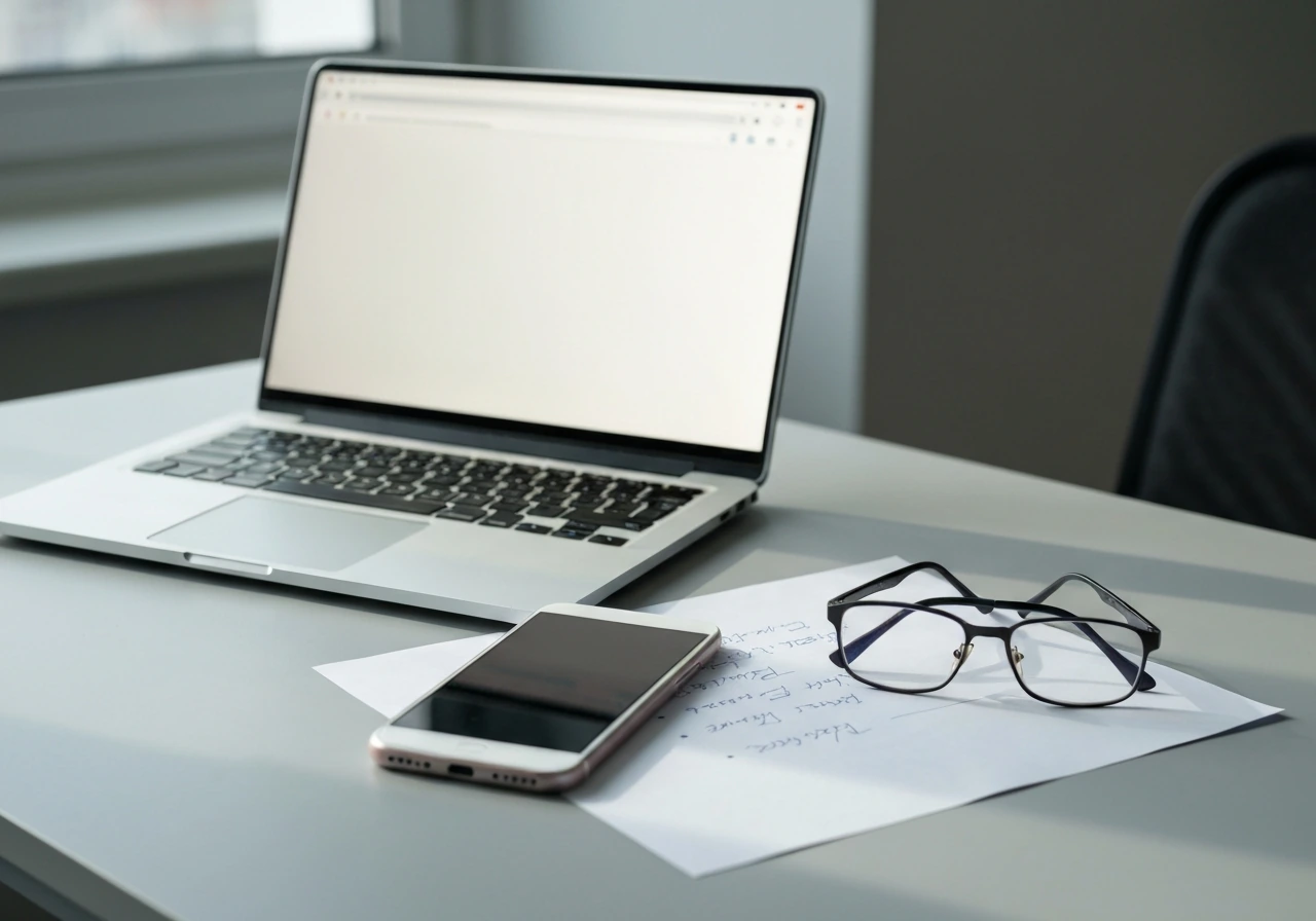 Minimal desk with laptop, phone, notepad, and glasses suggesting independent financial document verification.