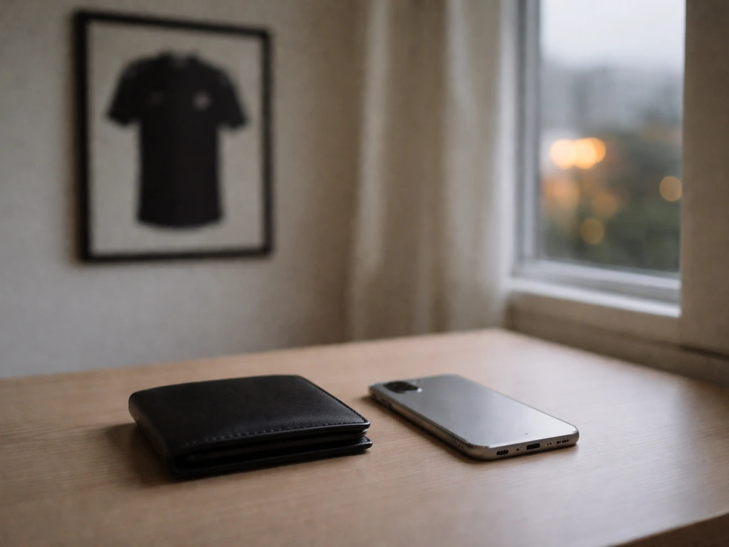 Minimal desk scene with wallet and smartphone, blurred city lights, symbolizing career and money transitions.