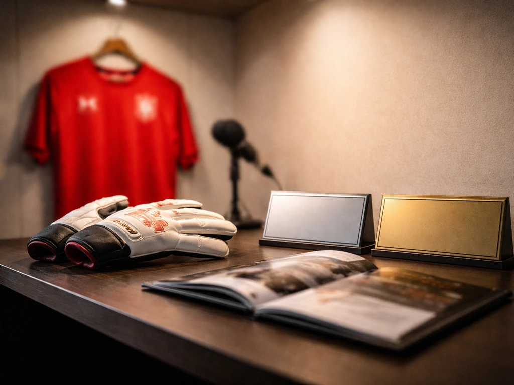 Sports memorabilia display with gloves and blank sponsor plaques, suggesting endorsements and media deals.
