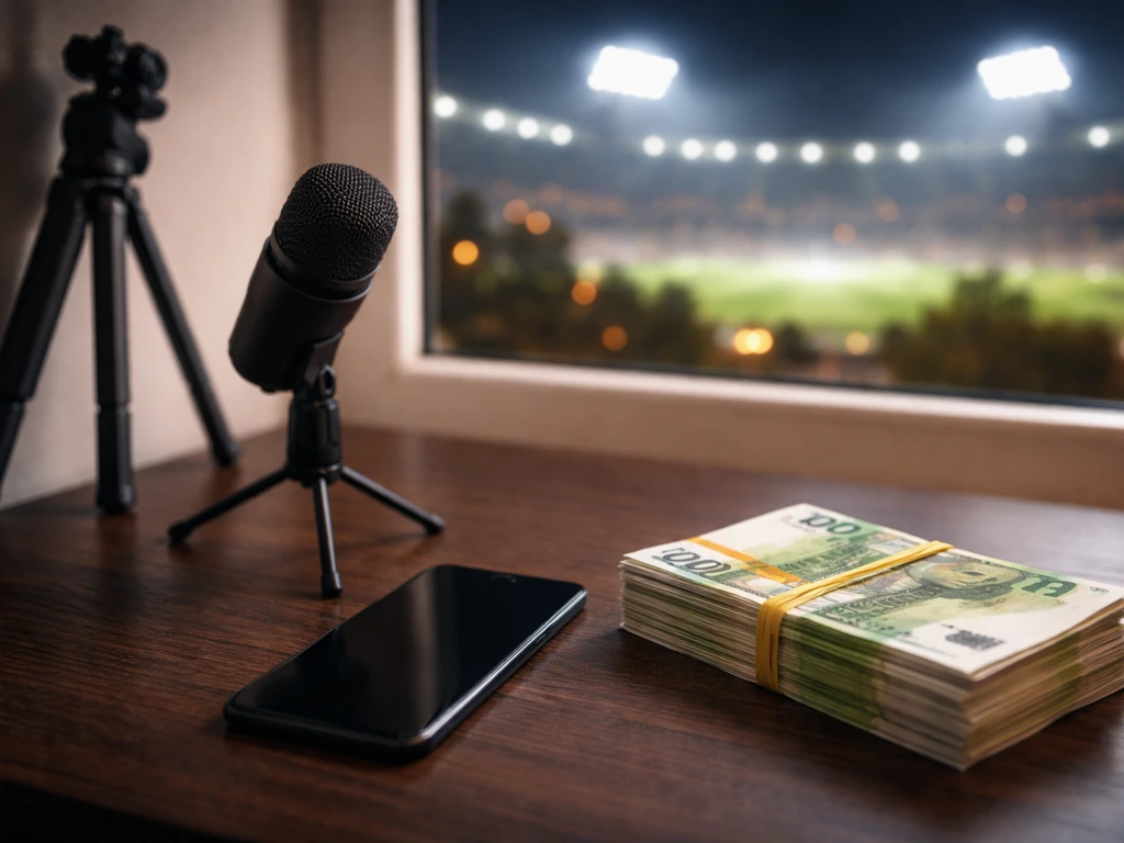 Minimal studio desk with euro cash and a microphone, blurred night stadium lights in the background.