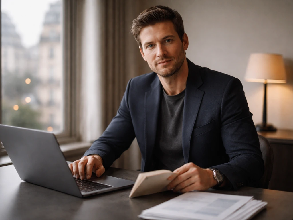 Close-up of a venture capitalist in a modern office, reviewing financial documents beside a laptop