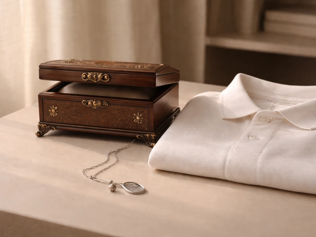 Elegant family heirloom items and a closed jewelry box beside a tennis-themed textile in soft light