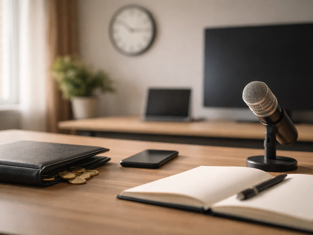 Minimal office desk scene with clock, portfolio, coins, and desk microphone to suggest wealth changing over time.