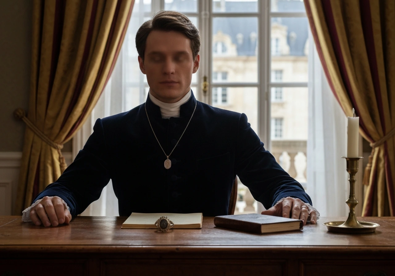 Elegant French royal figure in an austere study, symbolizing the ambiguous “Prince of France” identity