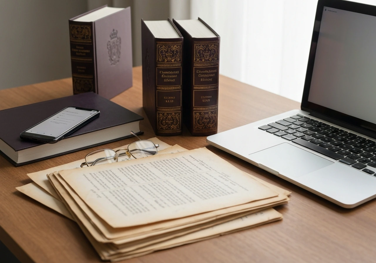 Wood desk with ornate genealogy books, aged archival papers, and a laptop/phone for web research cues.