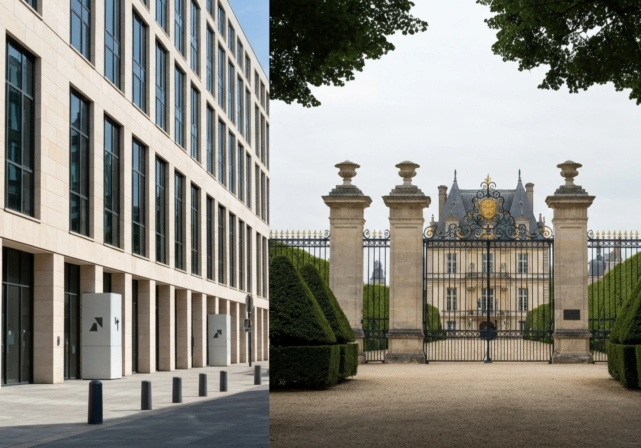 Split view of a French business district facade and a stately noble estate exterior