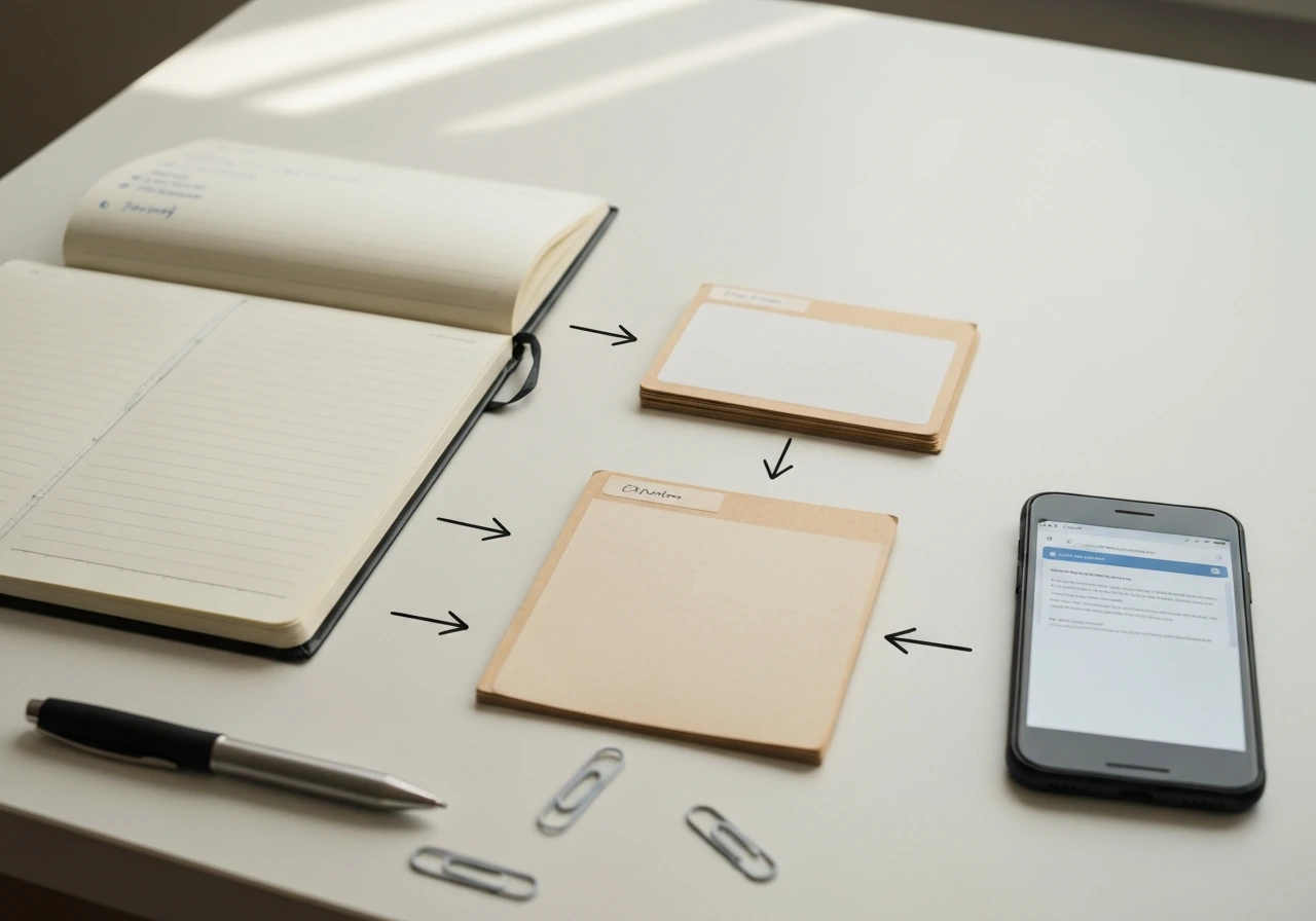 Notebook with arrowed checklist beside phone, library card sleeves, and papers on a simple desk.
