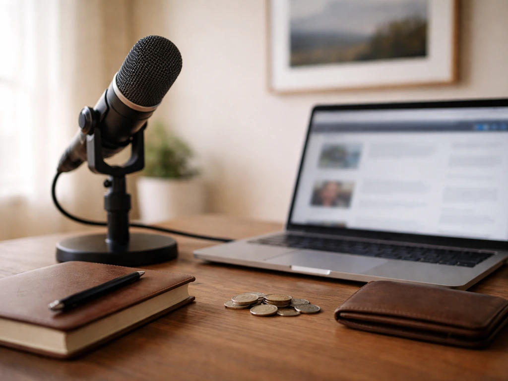 Minimal studio desk with microphone and coins beside a laptop, symbolizing research into age and net worth