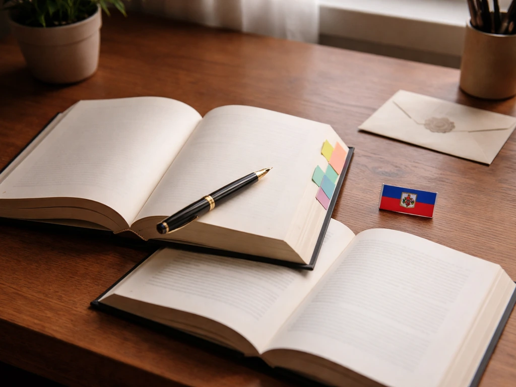 Minimal scene showing two open reference books on a desk with a pen and small Haitian flag pin