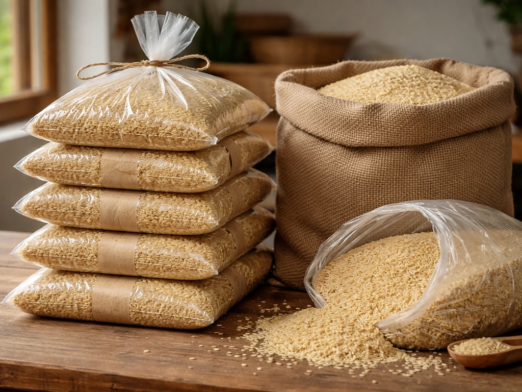 Close-up of rice sacks filled with golden grains stacked on a wooden table, suggesting an agricultural business.