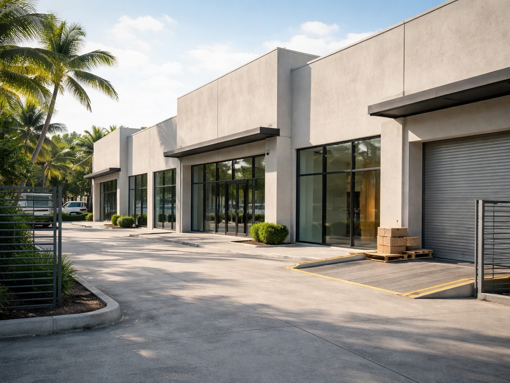 Minimal photo of a modern commercial property exterior with glass storefronts and tropical daylight.