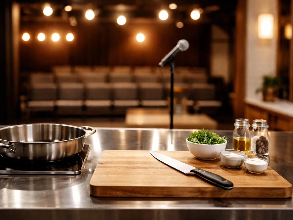 Minimal TV-style cooking studio scene with chef tools and a microphone, suggesting chef wealth and media.