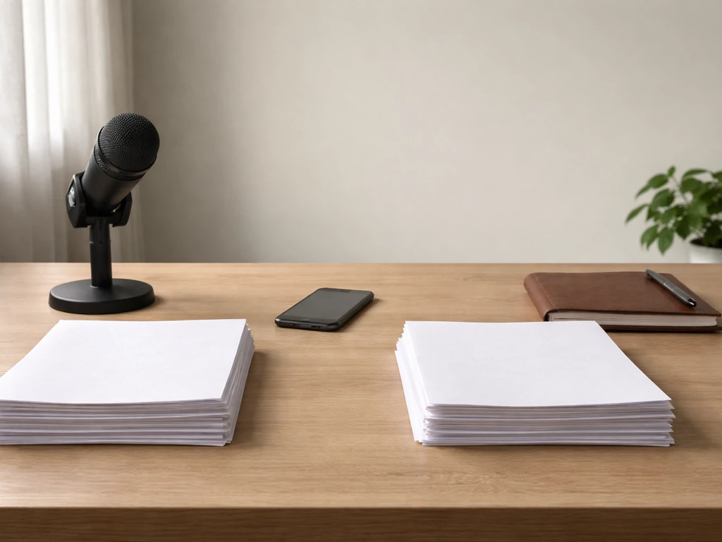 Minimal desk scene with two stacks of blank documents, calculator, and podcast microphone implying net worth estimates.