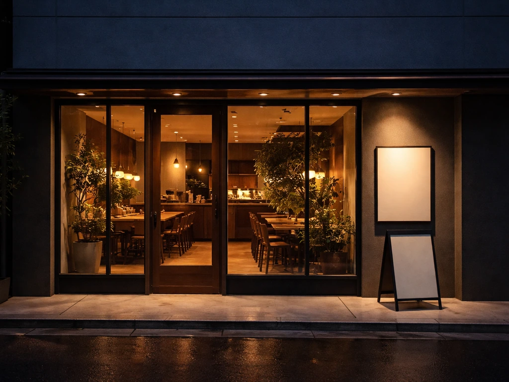 Warmly lit modern restaurant entrance with glass facade and subtle interior glow at dusk