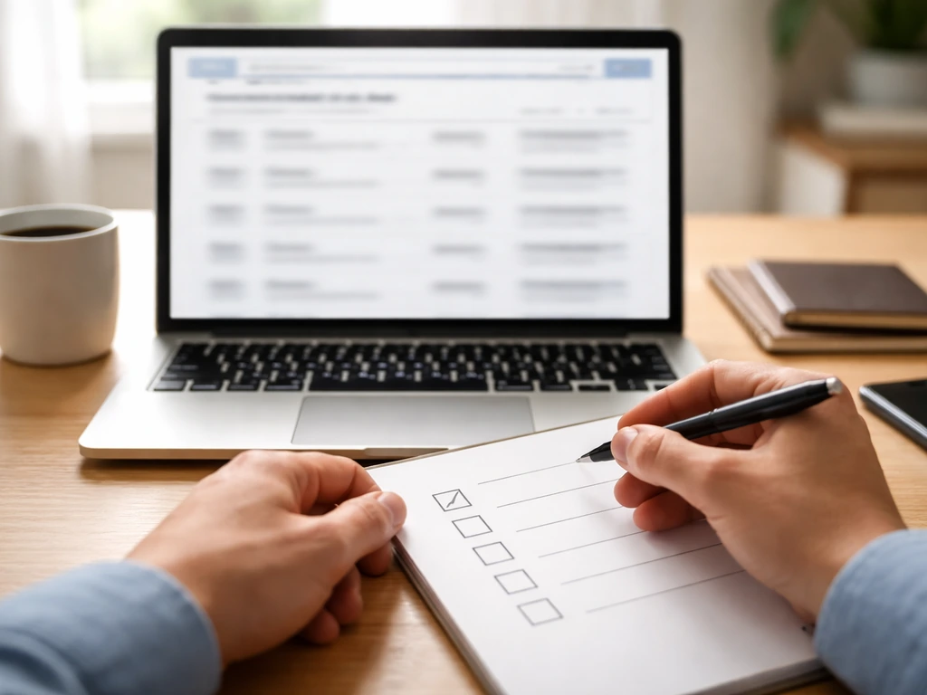 Hands on laptop showing blurred business registry style results and a checklist-style notes page