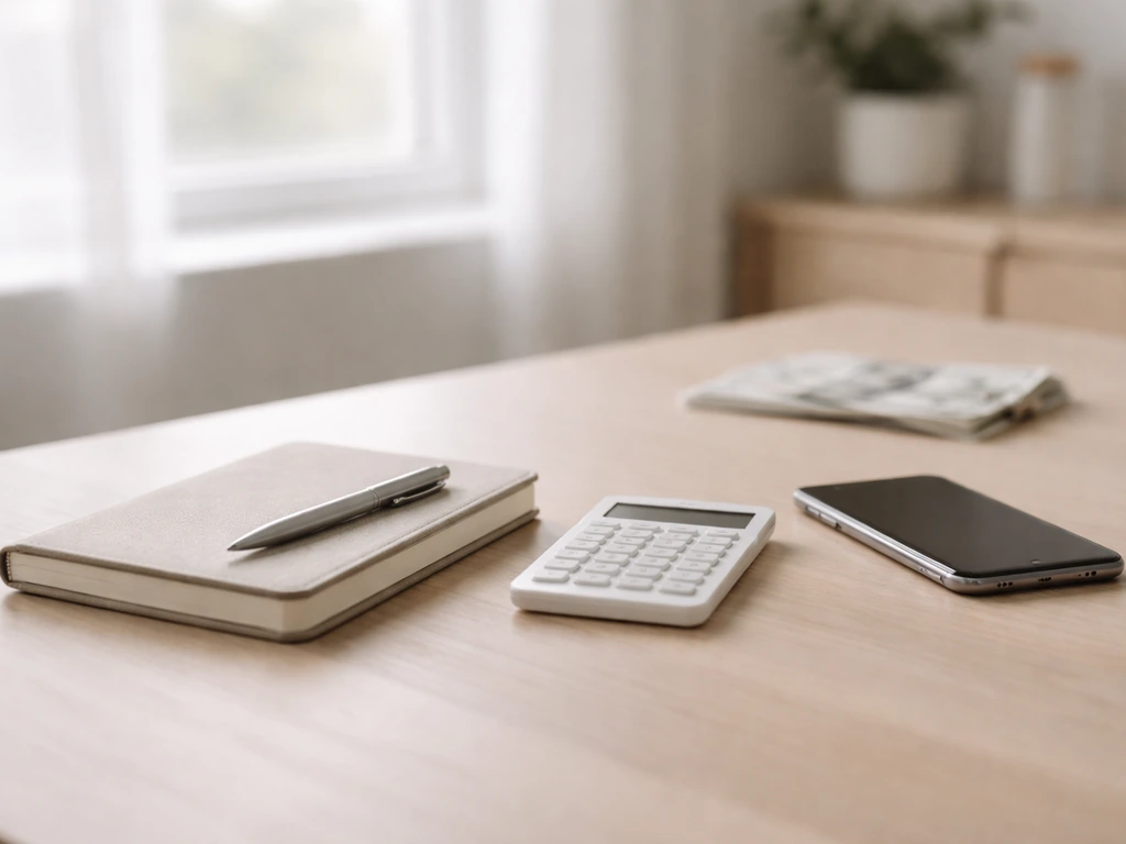 Minimal office desk scene with a calculator and cash-like props symbolizing net worth estimation