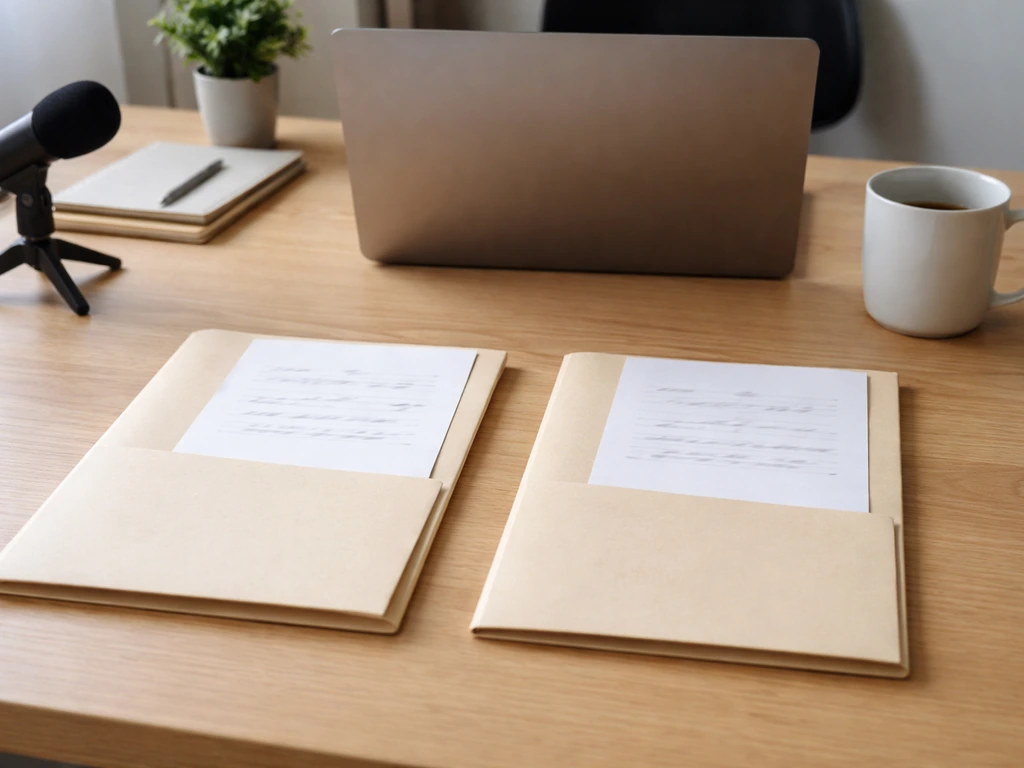 Minimal office scene with two blurred folders/sheets suggesting two spellings being compared.