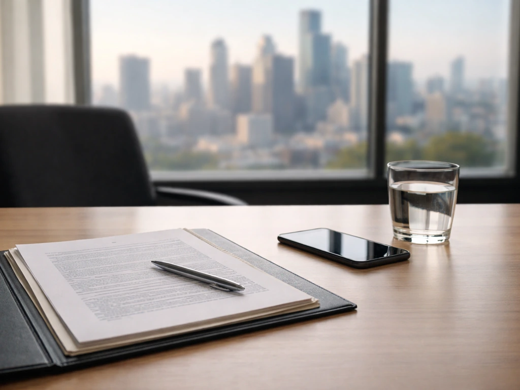 Minimal photo of a desk with an open folder of documents, a smartphone, and a city skyline through a window.