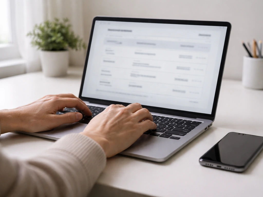 Minimal close-up of a laptop showing a blank government-register style browser window with links