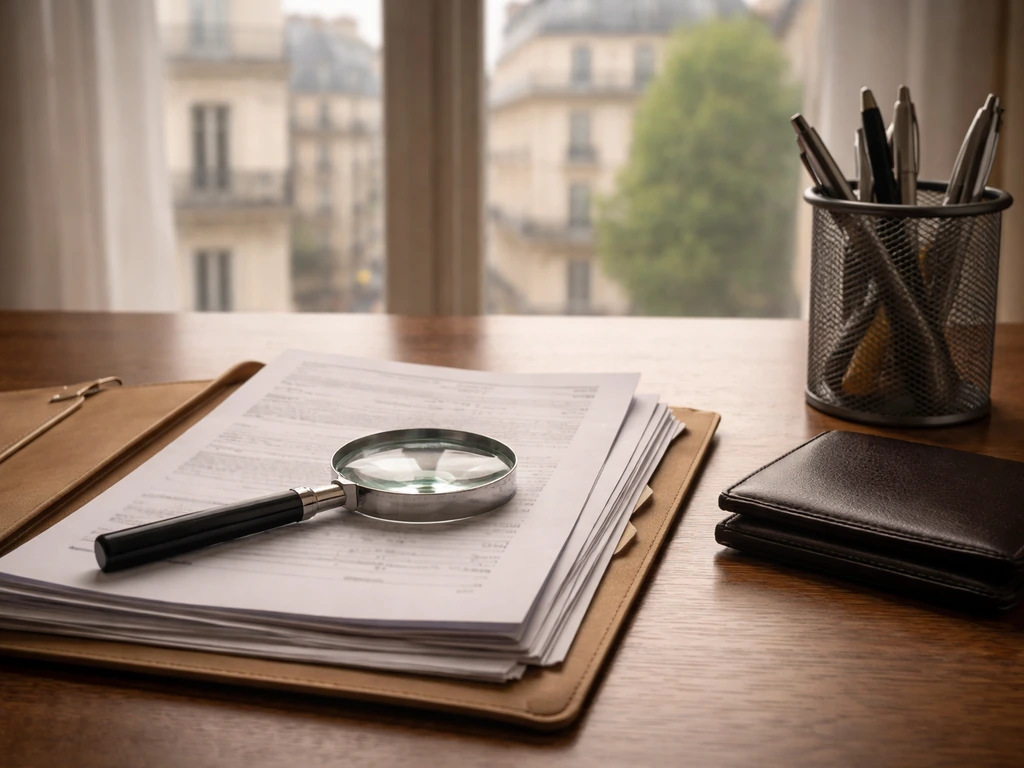 Magnifying glass over French documents on a desk with wallet and pen holder, implying wealth estimation