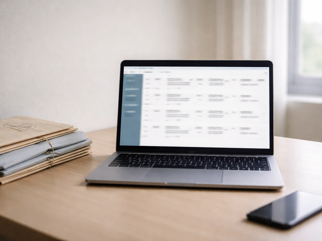 Open laptop and blurred French registry-style cards on a desk with folders and a phone nearby.