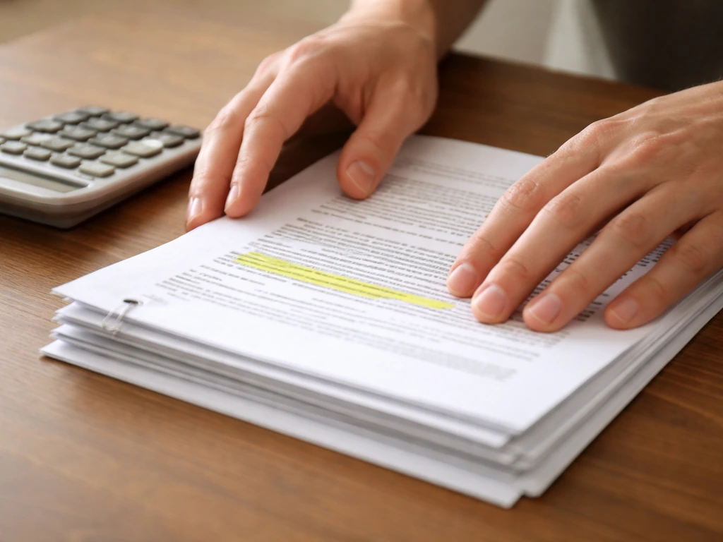 Close-up of mortgage loan paperwork stack and calculator on a desk, implying subtracting debts.