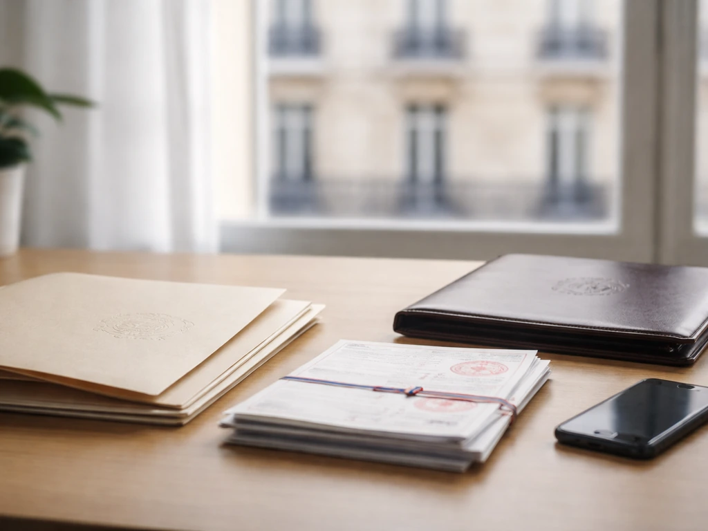 Desk with anonymous French-style stamped registry documents and a blurred Paris building in the background.