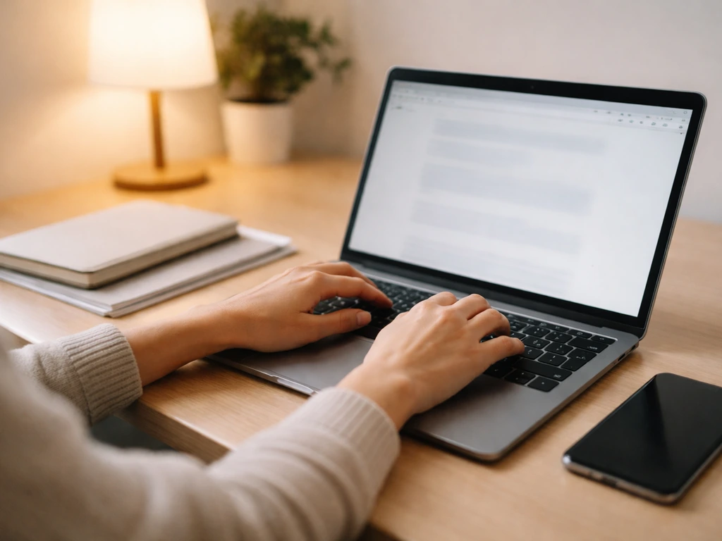 Hands researching on a laptop at a quiet desk with documents nearby, suggesting step-by-step financial research.