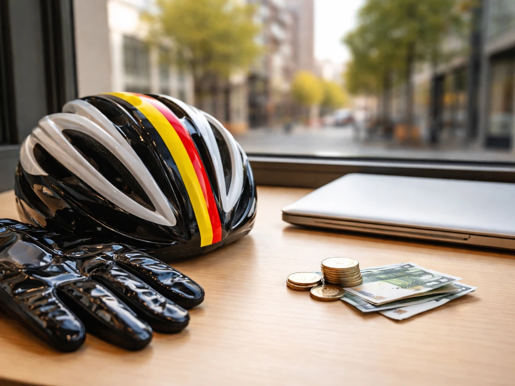 Racing helmet and gloves on a desk with euro coins and bills, city window background, no people.