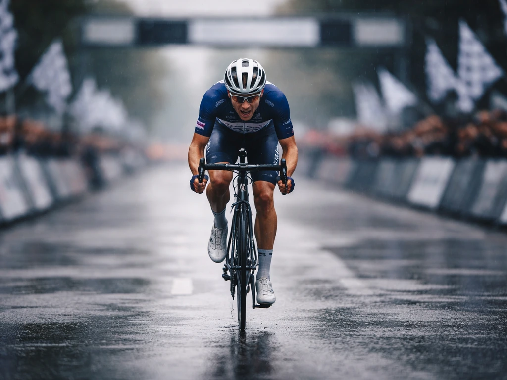 Cyclist sprinting over the finish line at a classic one-day race, flags and bokeh in the background.