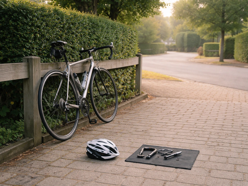 Minimal view of a cyclist’s training setup in a quiet Belgian-looking driveway with bike and tools