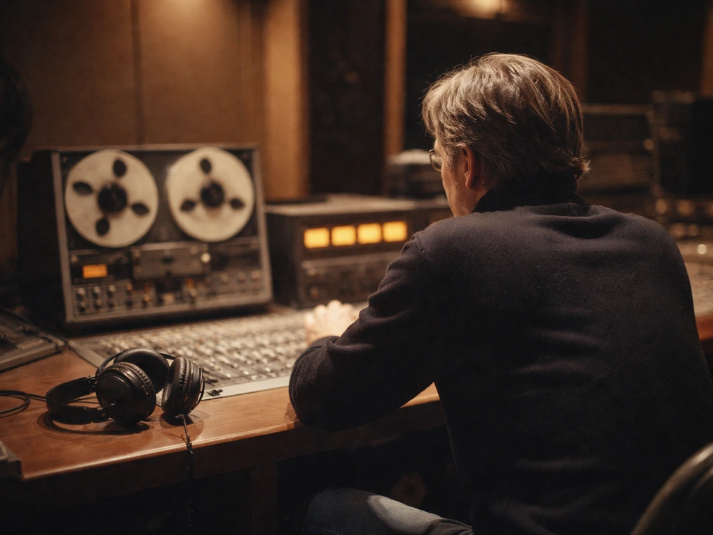 Anonymous man in an old recording studio, sitting at a desk with reel-to-reel tape and headphones.